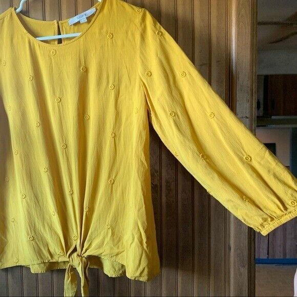 LOFT Gold Embroidered Floral Front-Tie Blouse  Women's Size Small - Picture 2 of 10